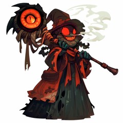 Fototapeta premium A whimsical, menacing character in a tattered robe, wielding a staff with a glowing eye.