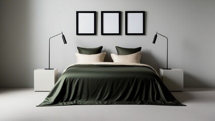 Minimalist Bedroom with Dark Green Bedding and Black Framed Wall Art
