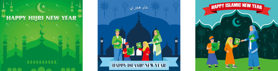 Happy Islamic Hijri New Year. A Muslim Family celebrates Islamic New Year or Hijri New Year. A Muslim Teacher is celebrating the Islamic New Year. Set flat vector modern illustration