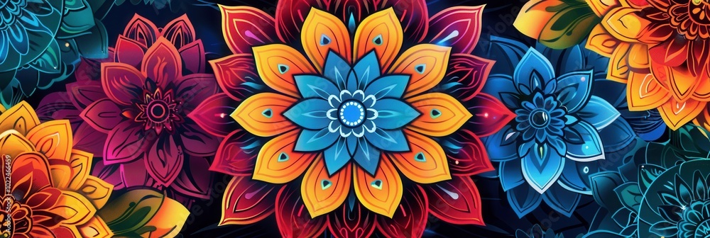 Poster colorful floral mandalas with detailed patterns create a mesmerizing visual effect against a dark ba