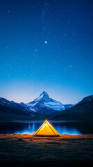 Mountain peaks by the lake and tents in the night sky