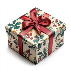 Beautifully Wrapped Christmas Gift Box with Festive Ribbon on White Background