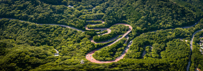 Aerial view of a winding mountain road in Fuji-Hakone Izu National Park, Japan