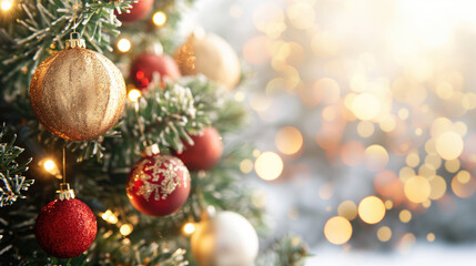 Obraz premium Christmas tree with multicolored glittering balls on a background illuminated by colorful lights.New Year's decorative background with pine branches evokes a sense of wonder, peace and holiday magic.