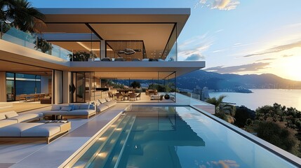 Fototapeta premium Modern Luxury House with Sea and Mountain View at Sunset, Panoramic Ocean Terrace, Elegant Interior with Pool, Resort-Style Villa, Sunlit Design with Glass Walls and Concrete Surfaces