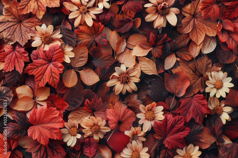 Poster A beautiful array of autumn leaves and delicate flowers in warm tones showcases the richness of seasonal color during fall. Generative AI