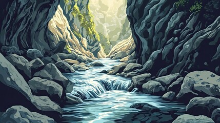 Obraz premium A Mountain Stream Flows Through a Rocky Canyon