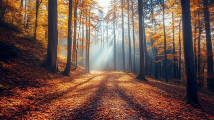 Obraz premium Serene autumn forest path with golden leaves and sunlight.