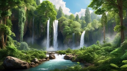 Naklejka premium A serene waterfall flowing through a dense forest, with vibrant green plants and trees framing the scene, creating a