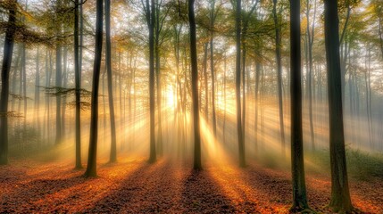 Obraz premium Serene forest with sunlight filtering through trees.