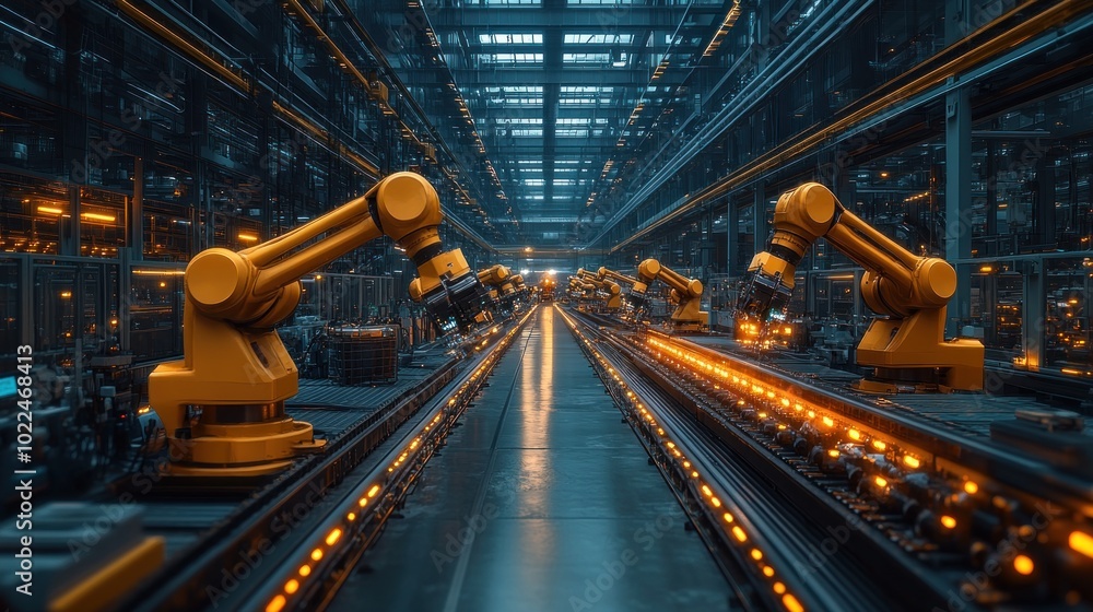 Poster industrial setting with robotic arms on an assembly line.