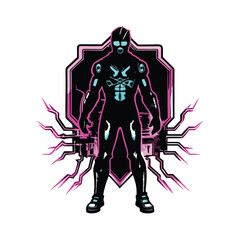 A futuristic punk with robotic limbs stands confidently in the center of a glowing pink and black shield.