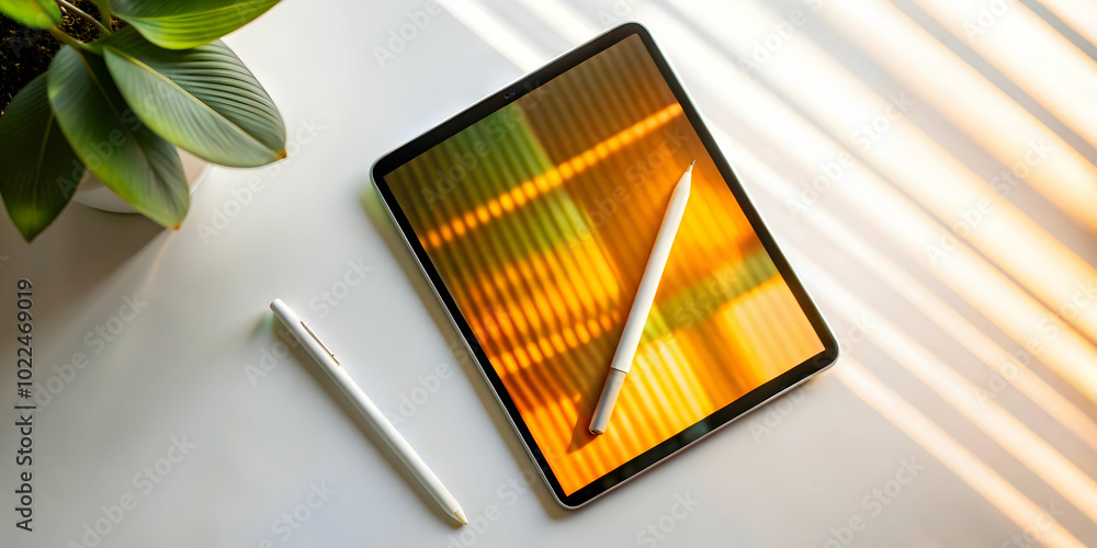 Poster minimalist work from home setup: tablet and stylus on plain background with copy space - clean and m