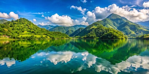 Fototapeta premium Stunning Green Hills Landscape from Boat on Phewa Lake, Pokhara - Scenic Nature Photography