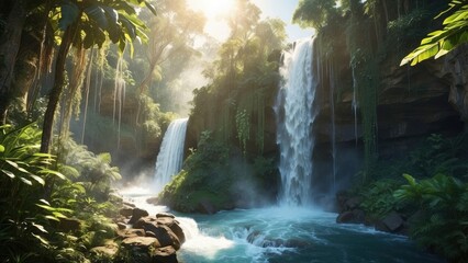  A powerful waterfall in a tropical jungle, surrounded by lush, green foliage, with sunlight filtering through the trees, creating a