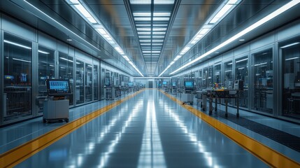 Fototapeta premium Futuristic industrial corridor with advanced technology and equipment.