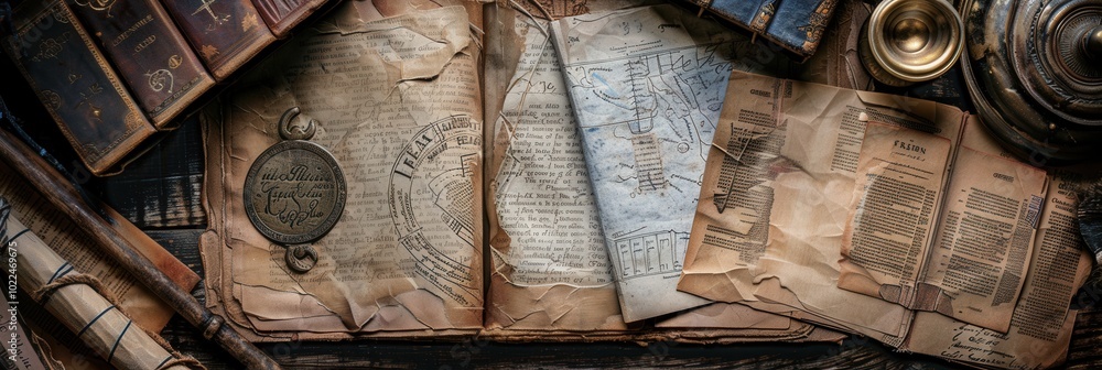 Fototapete a collection of ancient books and scrolls rests on a wooden table, revealing intricate details of hi