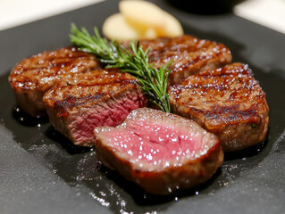 Obraz premium Duck fillet,red cabbage and apple mousse. AI generative.
