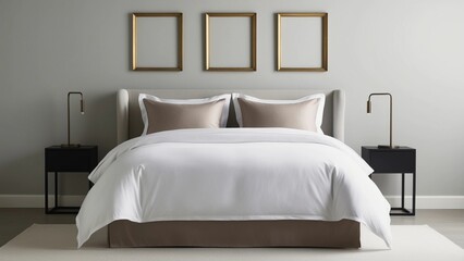 Minimalist Bedroom Design with Neutral Bedding and Gold Framed Wall Art
