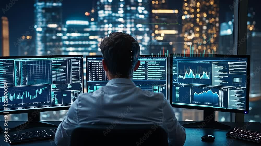 Poster a man sits in front of multiple computer monitors displaying financial charts and data at night