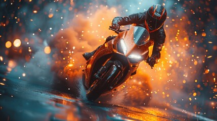 High-speed motorcycle chase through the city streets with epic explosion and hero rider escaping police pursuit, action-packed cinematic scene with sparks, smoke, danger, and dynamic motion