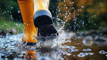 Child splashing in puddles with yellow boots, symbolizing joy and freedom in outdoor play.