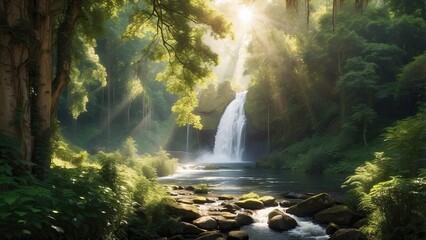  A picturesque waterfall in the heart of a dense forest, with sunlight dappling through the leaves, illuminating the lush greenery