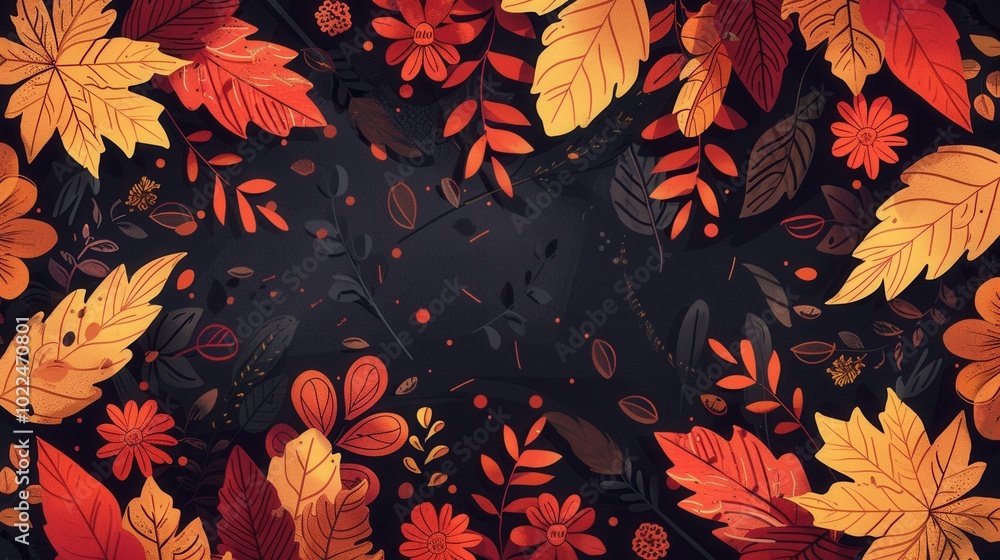 Poster golden and red autumn leaves mix with bright flowers, forming a warm and inviting decoration that ca