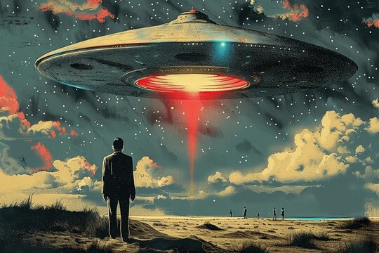Man in Suit Witnesses Alien UFO Hovering Above Beach, Retro Pop Art Illustration of Sighting and Abduction