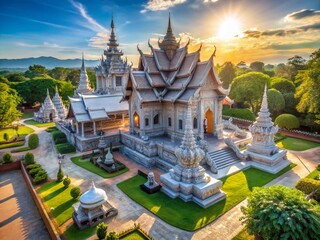 Obraz premium Stunning Silver Temple in Chiang Mai with Lush Surroundings and Clear Blue Sky for Travel Enthusiasts