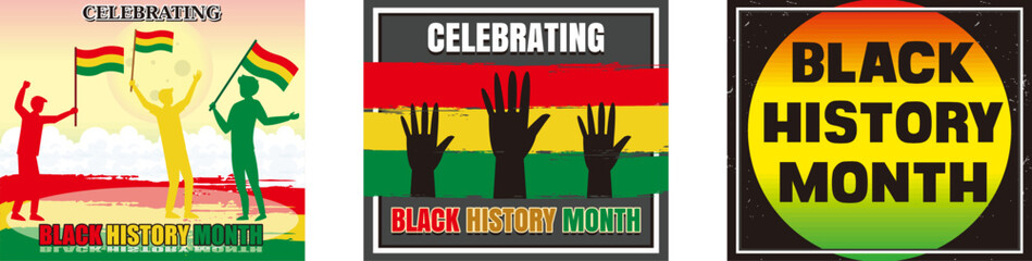 People holding flags. Three hands. Black History Month Celebrate Text. Set flat vector modern illustration