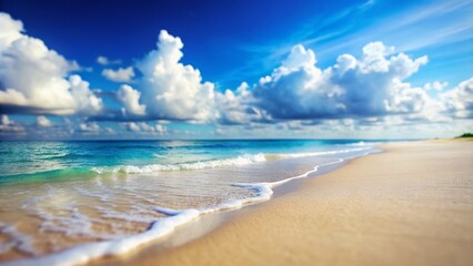 Fototapeta premium Stunning Tilt-Shift Beach View with Crystal Clear Sea and Vibrant Blue Sky for Relaxation and Travel Inspiration