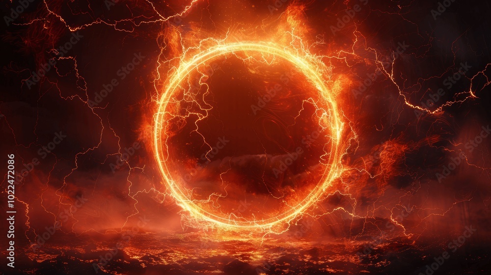 Poster fantasy red lightning circle with particle effects and glowing elements on dark sky, magic plasma ri