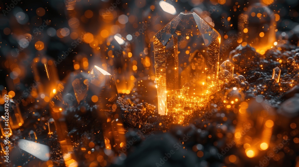 Poster abstract golden light rays with geometric crystal shapes in 3d rendering