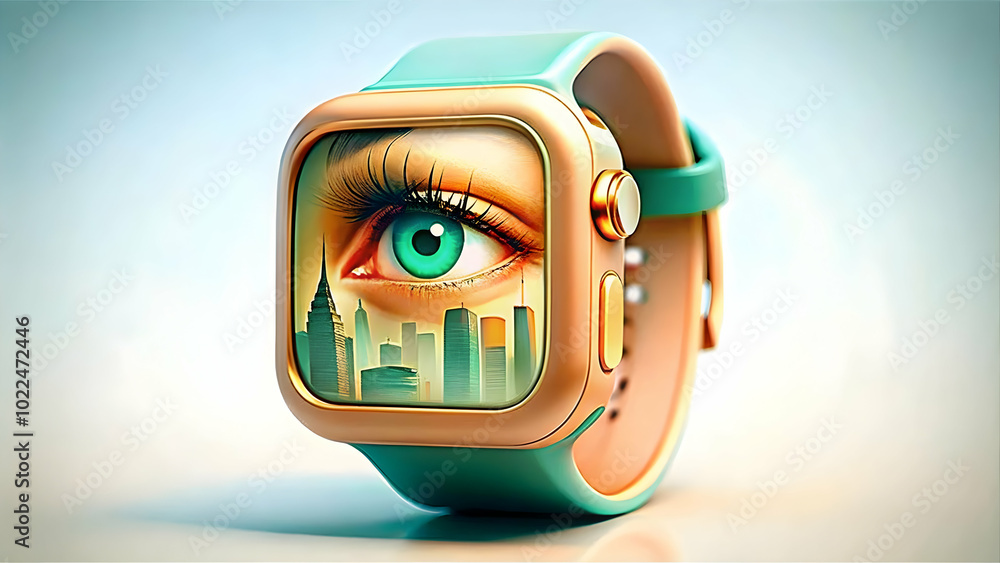 Poster close up of smart watch displaying fitness milestones with user's determined eyes - macro image of d