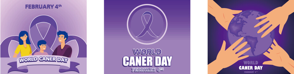 World cancer day. Purple ribbon for all cancer. Campaign logo. Set flat vector modern illustration