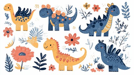 A group of colorful dinosaurs with flowers and foliage on a white background