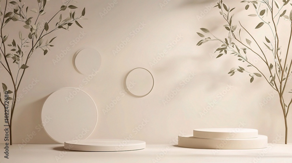 Poster minimalist display with circular elements and foliage