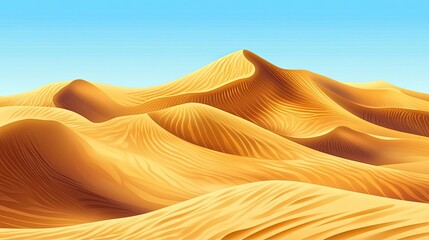 A vast desert landscape with rolling sand dunes under a clear blue sky.