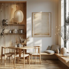 Scandinavian Dining Room with Poster Frame, Wooden Table, Chairs, and Light Beige Decor - 3D Rendering