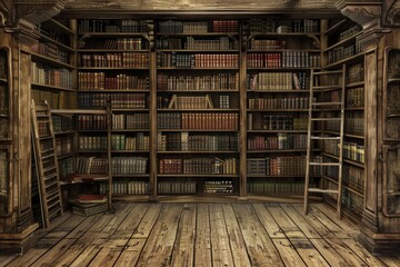 Obraz premium The wooden shelves are filled with a diverse array of textbooks and academic literature, creating an inviting study space. Generative AI