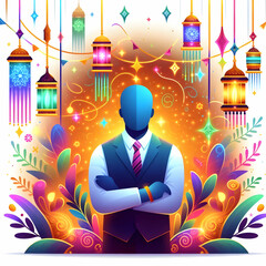 Festive Flat Vector Illustration of Glowing Diwali Garlands, Holographic Lanterns, and Event Streamers Isolated for Vibrant Copy Space Design