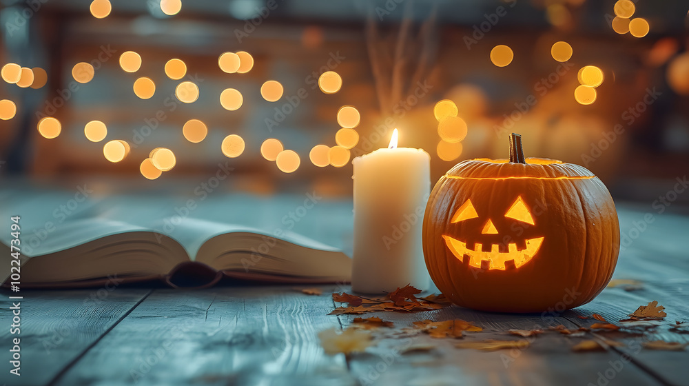 Canvas Prints a candle and jack-o'-lantern on a wooden table with a book of lights in the background
