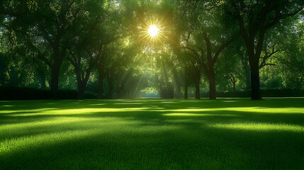 Obraz premium Sunlight Beams Through Lush Green Trees in a Forest Clearing
