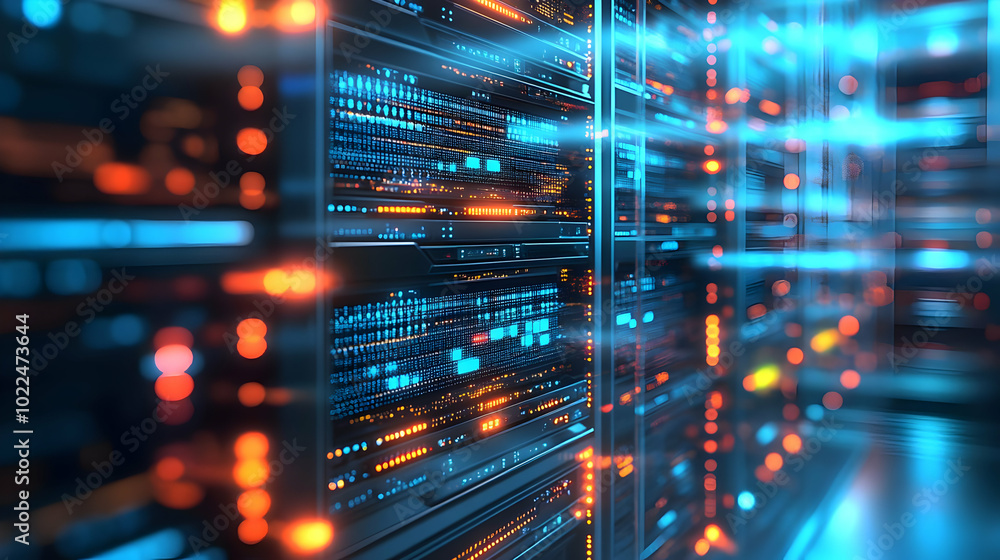 Poster 3d render of a server rack with glowing blue and orange lights, illuminated by a bright light source