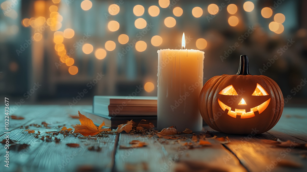 Canvas Prints a candle and jack-o'-lantern on a wooden table with a book of lights in the background