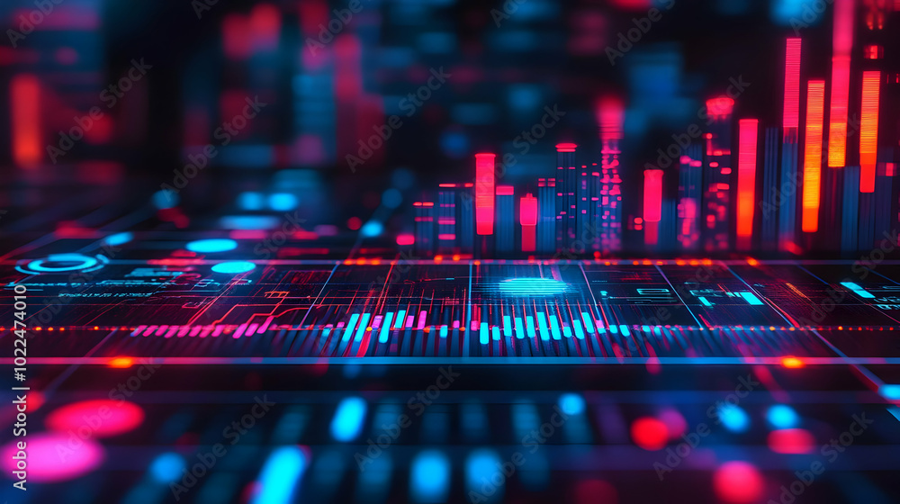 Poster abstract digital interface with glowing red and blue lines on a black background
