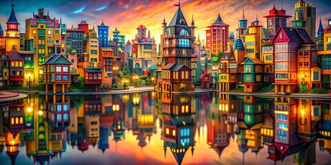 Obraz premium Surreal Architectural Model of a Modern Cityscape with Futuristic Elements and Dreamlike Atmosphere