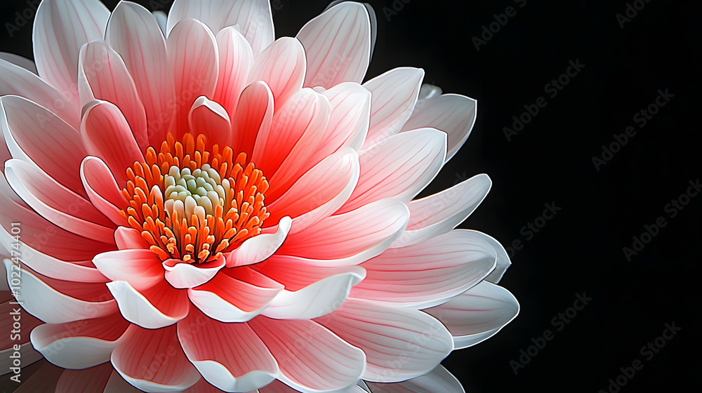 Sticker Close-up of a pink and white flower on black background, with light reflection in center