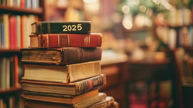 A stack of books with the top book labeled "2025", symbolizing knowledge, education, and personal growth. The background is a warm, cozy library setting, Happy New Year concept, resolution